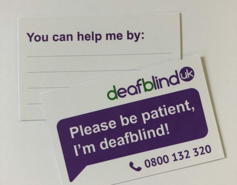 image of the front of the card with text "Please be patient, I'm deafblind" and the reverse of the card with text: "You can help me by:" and blank lines to write on