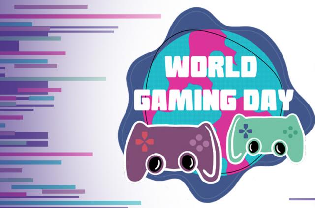 World Gaming Day promotional banner, with the World Gaming Day logo showing two computer controllers in purple and green.