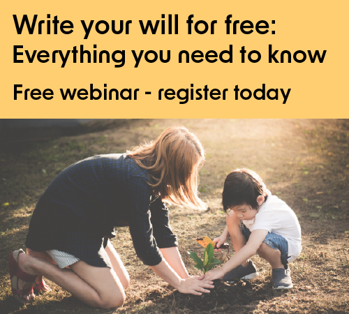 A picture of a mother helping their child to plant a flower in a garden. Text reads: Write your will for free: Everything you need to know. Free webinar - register today