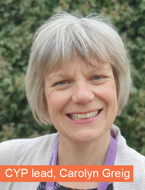 A headshot portrait of Deafblind UK CYP Lead, Carolyn Greig. She has light hair cut into a bob and is smiling into the camera. She is wearing a cream cardigan with a purple lanyard around her neck. Text reads, CYP Lead, Carolyn Greig.