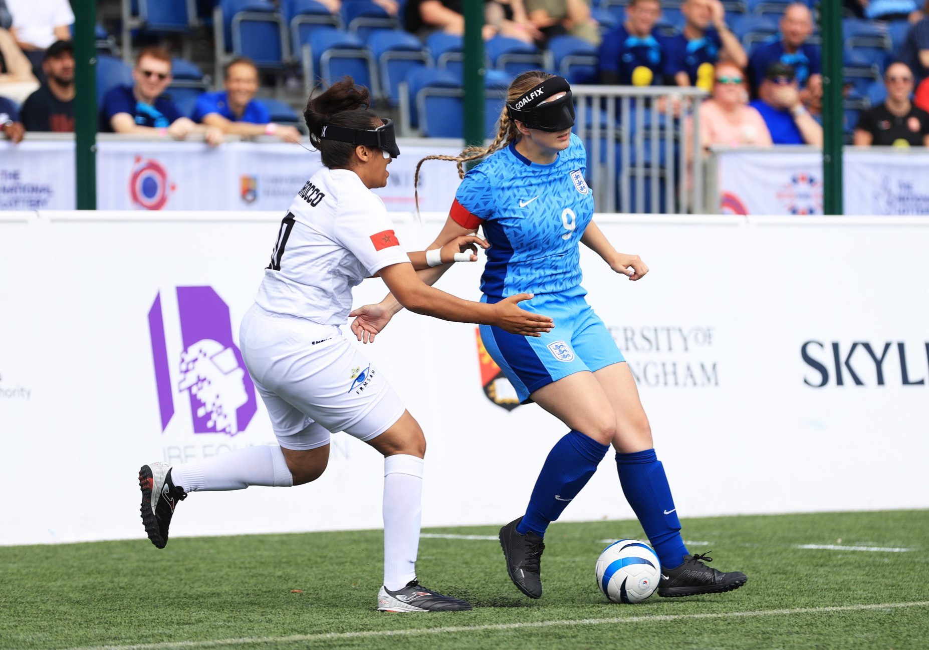 BIRMINGHAM, ENGLAND - AUGUST 15: Samantha Gough of England is challenged during the IBSA World Cup match between England Women's Blind Team and Morocco's Women's Blind team at University of Birmingham on August 15, 2023 in Birmingham, England. (Photo by Cameron Smith - The FA/The FA via Getty Images)