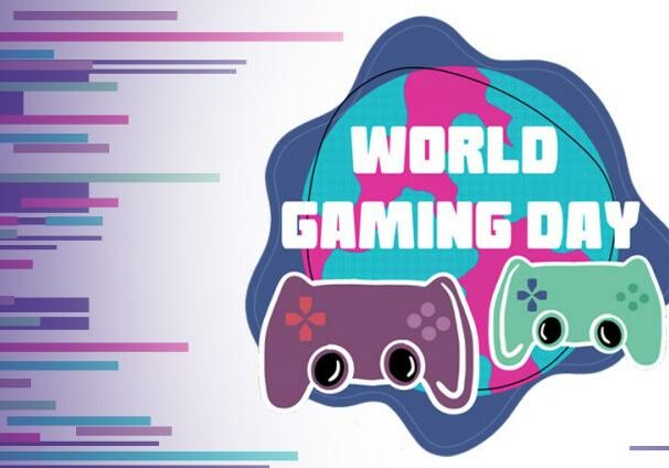 World Gaming Day promotional banner, with the World Gaming Day logo showing two computer controllers in purple and green.